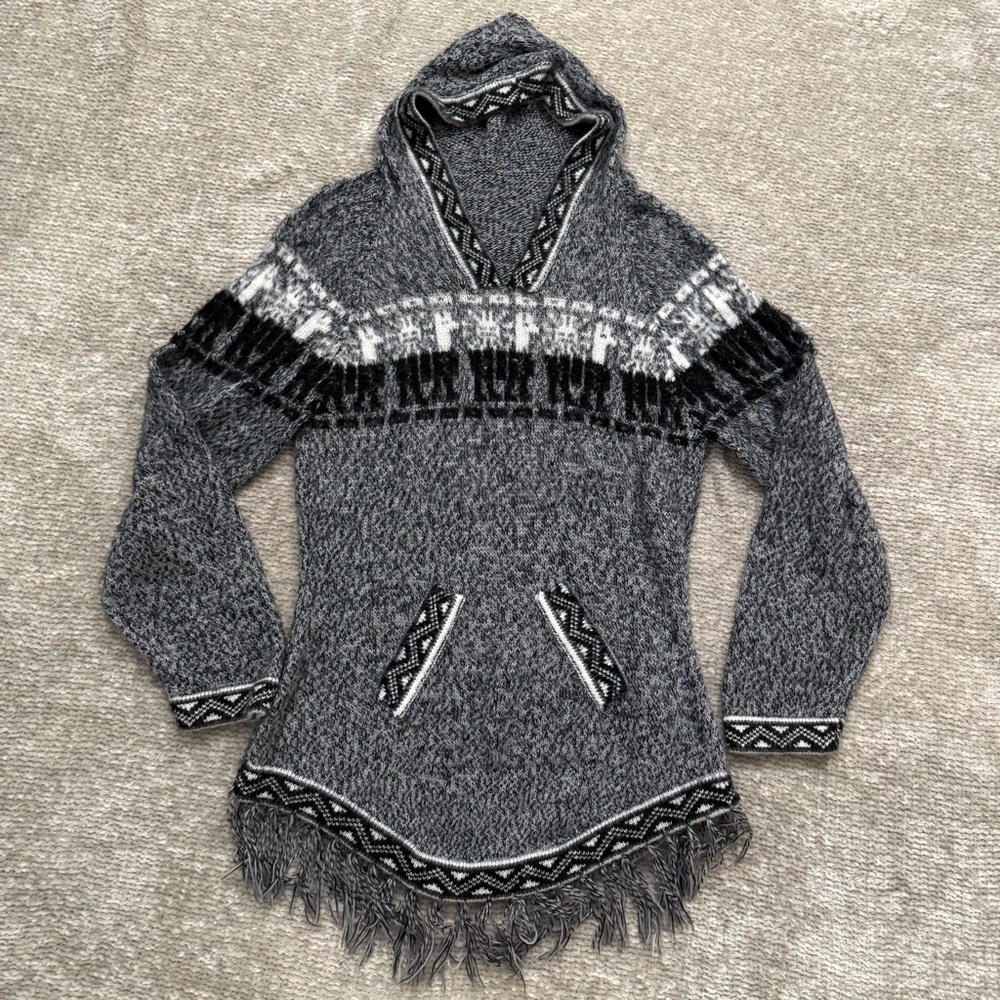 Albinaas Alpaca Handmade Peru Gray Fringe‎ Hoodie Sweater S/M